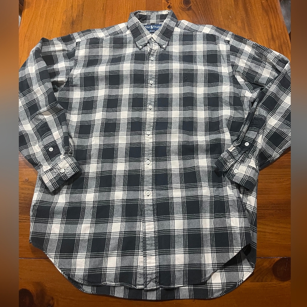 Ralph Lauren Blue Label 100% Cotton Black White Checkered Plaid Button Up Shirt